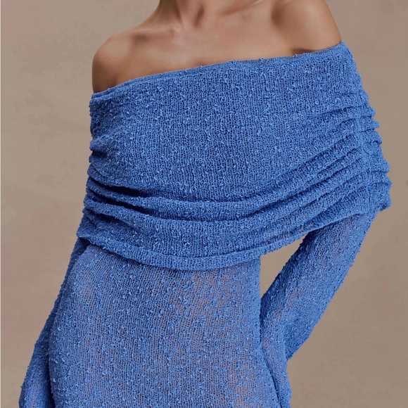 Meshki Dresses & Skirts - Marisol Off-Shoulder Boucle Blue Knit Dress